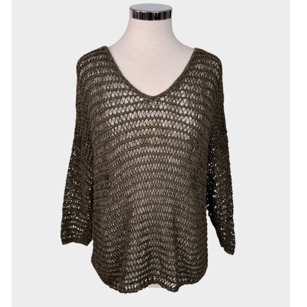 Chico's Womens 2 L Olive Green Loose Knit V Neck Pullover Open Weave 3/4 Sleeve